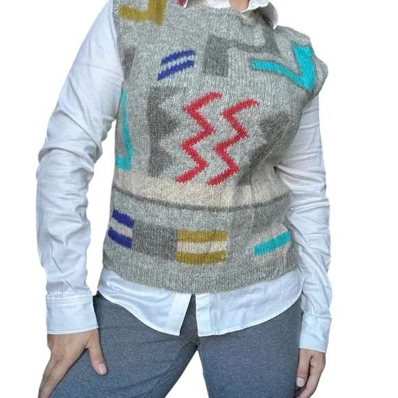 Wool Colorful Geometric Patterned Vest - Medium - Picture 8 of 13
